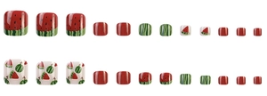 Detail view of 24 watermelon themed press-on toenails in red and green colors