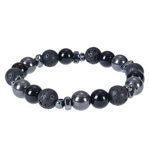 Detail of 10mm tiger eye lava stone bracelet with polished beads and metal spacers