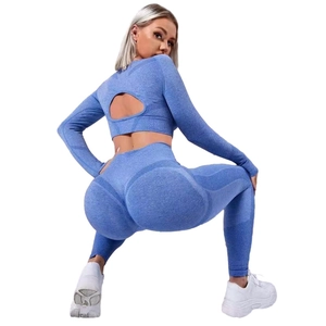 Seamless high-waist peach-lift yoga set in sky blue with back heart cutout design