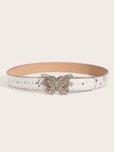 Detail of white faux crocodile belt with silver butterfly buckle and metal chain trim