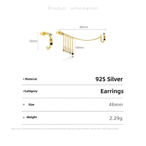 Detail of S925 silver earrings featuring colorful zircon tassel and 46mm long arc structure