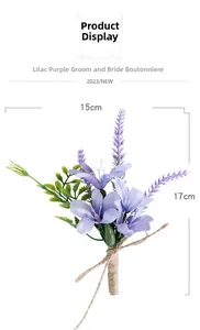 Dettaglio di fiore all'occhiello in seta lilla con foglie verdi e gambo avvolto in corda