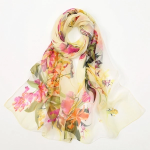 Chiffon floral print hijab scarf with vibrant pink and orange flowers on beige base