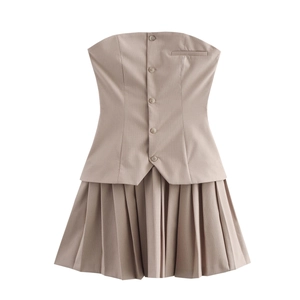 Women Striped Tube Top Mini Dress Sleeveless Strapless High Waist Button Decor Pleated Hem Preppy Style Elegant