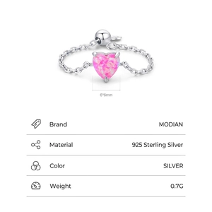 925 silver adjustable chain ring with pink heart opal stone on white background