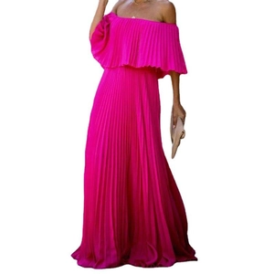 Elegant rose red off-shoulder pleated chiffon maxi dress with matching handbag