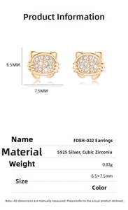 Detailed size and material specifications for S925 sterling silver cat stud earrings