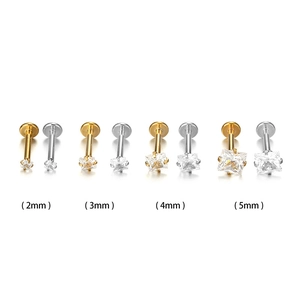 Square zircon labret studs in gold and silver, assorted sizes from 2mm to 5mm