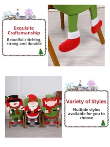 Detailed close-up of festive Santa, Snowman, and Elf themed dining chair back covers