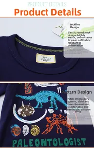 Detail of navy cotton T-shirt featuring embroidered dinosaur skeleton and lettering