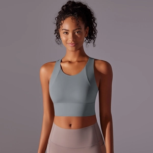 Close-up of charcoal yoga sports bra with wide straps and high elastic breathable fabric