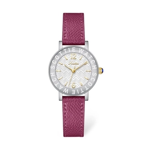 Detail of burgundy leather strap and silver watch case with blue sapphire crown