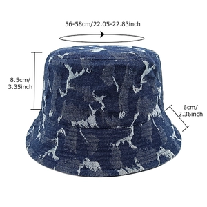 Vintage washed denim bucket hat with white abstract jacquard pattern and size markings