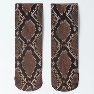 Detailed flat lay of snakeskin pattern socks in brown and black ultra-thin elastic fabric