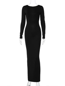 Front view of black slim-fit long sleeve maxi dress with elegant ruched detailing