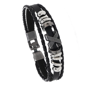 Men's multilayer black braided leather bracelet with silver X-pendant and metal beads