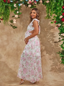 Umstandskleid mit Blumenmuster, rosa Rosen, rückenfrei mit Rüschen und tiefem V-Ausschnitt