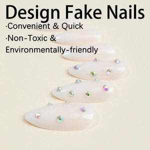 Milky white almond press-on nails with iridescent rhinestones and eco-friendly finish