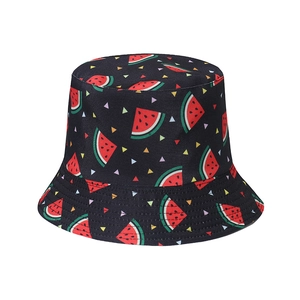 Black bucket hat featuring summer watermelon and geometric print patterns for sun protection