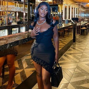 Women's sexy black V-neck backless mini dress with asymmetric ruffled hem for summer