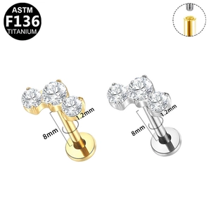 Detail view of G23 titanium flower labret stud with white zircon and internal threading