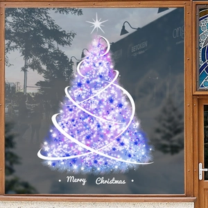 Purple glowing Christmas tree static window sticker with Merry Christmas text for shop decor