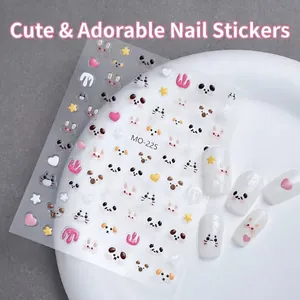 Cute 3D relief animal nail stickers with cat claws, rabbits, and stars, model MO-225