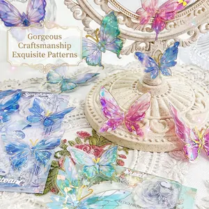 Holographic butterfly PET stickers with laser gold stamping for DIY scrapbooking decor