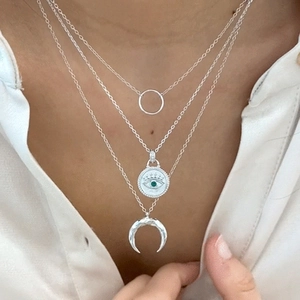 S925 silver layered necklace set with evil eye and moon pendant featuring green zircon