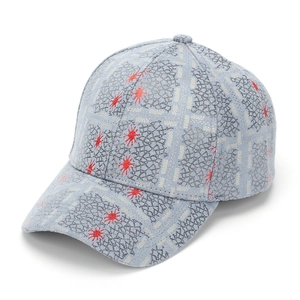 Detail of grey baseball cap with black grid patterns and red star spray print