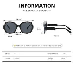 Detailed size chart for Bohemian square sunglasses showing 147mm width and PC material