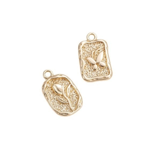 14K gold filled pendants with embossed rose and butterfly designs on matte metal