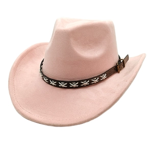 Pink suede cowboy hat detail featuring brown leather band with white hand-stitched accents