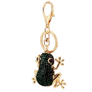 Cartoon green frog keychain with emerald rhinestones and golden metal hardware