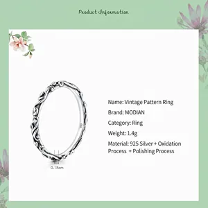 Vintage engraved S925 sterling silver ring with floral patterns, 0.18cm wide band