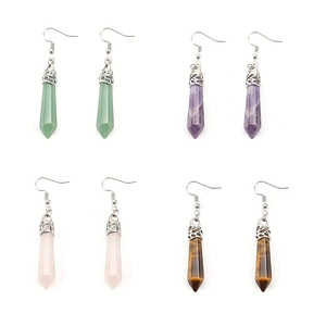 Hexagonale Prisma Naturstein Ohrhänger Kristall Amethyst Rosenquarz Baumeln Geometrisch Hohlkappe Boho Schmuck Frauen