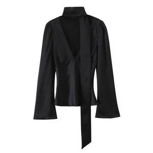 Elegant black satin long sleeve blouse with a deep V-neck and stylish tie-neck detailing