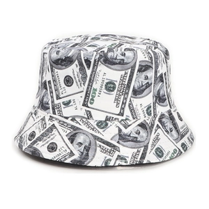 Reversible bucket hat featuring 100 dollar bill print on a high-quality white fabric