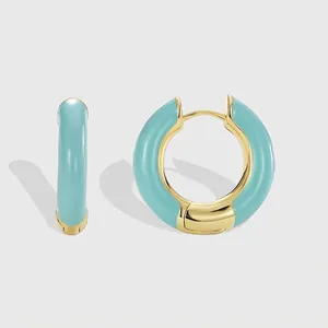 18K Gold Plated Copper Hoop Earrings For Women Light Blue Enamel Round Geometric C Shaped Fashion Jewelry Accessories