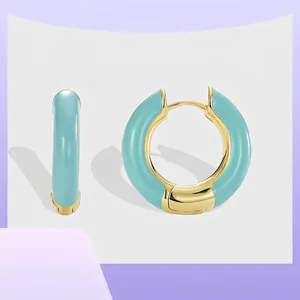 18K Gold Plated Copper Hoop Earrings For Women Light Blue Enamel Round Geometric C Shaped Fashion Jewelry Accessories