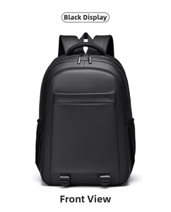 Front view of a large capacity black business laptop backpack with waterproof fabric