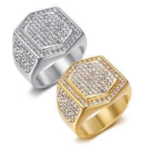 Hip Hop Men Stainless Steel Ring Luxurious Pave Rhinestone Hexagon Signet Ring Gold Steel Plated Fashion Jewelry