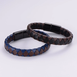 Men's braided leather bracelets in brown and blue with polished black magnetic clasp
