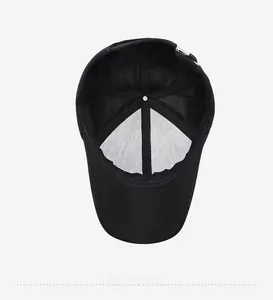 Detailed interior view of a black baseball cap showing the stitching and sweatband