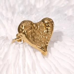 18k gold plated stainless steel heart ring with hammered texture on white background