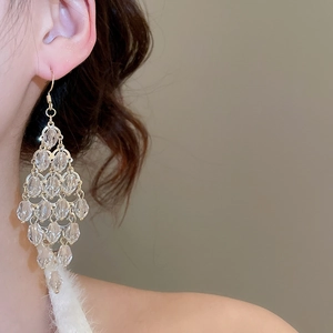Detail view of gold tassel chandelier earrings with sparkling rhinestones on model