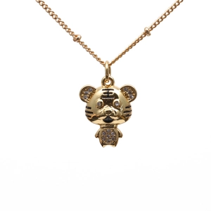 Gold plated tiger pendant necklace with sparkling cubic zirconia and Chinese King character
