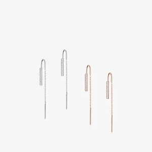 925 Sterling Silver Threader Earrings With Cubic Zirconia Geometric Bar Long Chain Drop Dangle Minimalist For Women