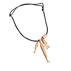 Beaded fishbone pendant necklace with adjustable black cord in rose gold finish