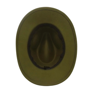 Detail view of the olive green felt fedora hat interior showing the size 57 label